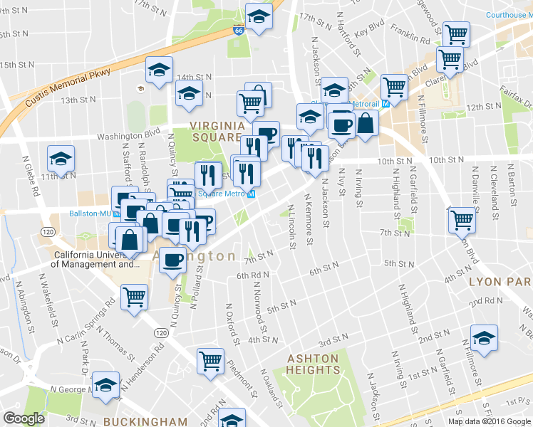 map of restaurants, bars, coffee shops, grocery stores, and more near 3550 Wilson Boulevard in Arlington