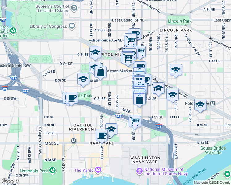map of restaurants, bars, coffee shops, grocery stores, and more near 525 6th Street Southeast in Washington