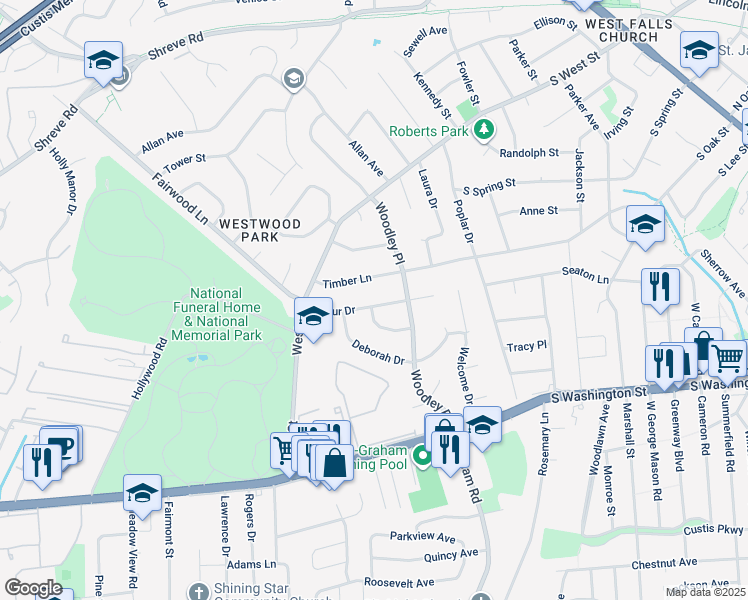 map of restaurants, bars, coffee shops, grocery stores, and more near 7222 Arthur Drive in Falls Church