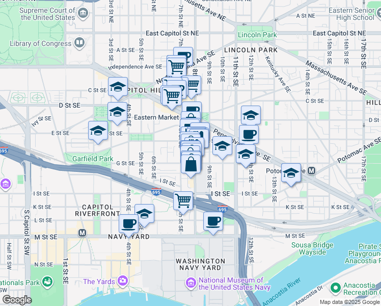 map of restaurants, bars, coffee shops, grocery stores, and more near 101 Independence Avenue Southeast in Washington