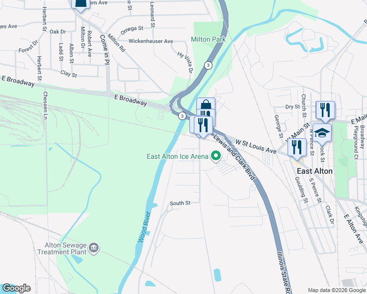map of restaurants, bars, coffee shops, grocery stores, and more near 839 Pine Street in East Alton