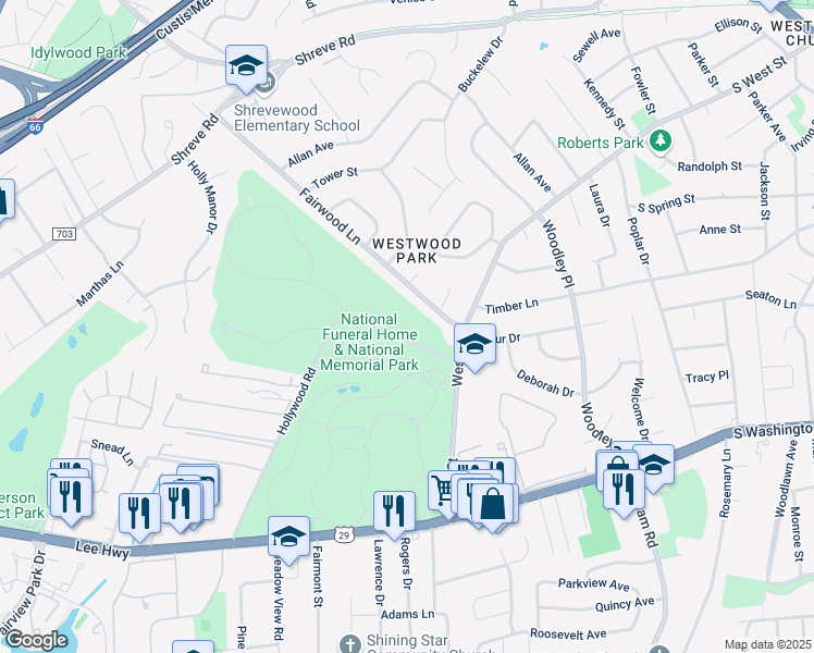 map of restaurants, bars, coffee shops, grocery stores, and more near in Falls Church