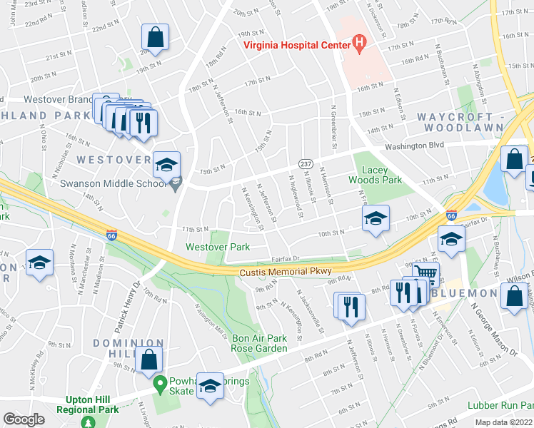 map of restaurants, bars, coffee shops, grocery stores, and more near 1124 N Jefferson St in Arlington