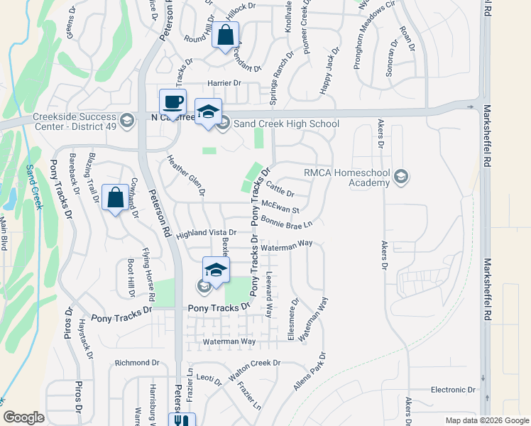 map of restaurants, bars, coffee shops, grocery stores, and more near 7028 Bonnie Brae Lane in Colorado Springs