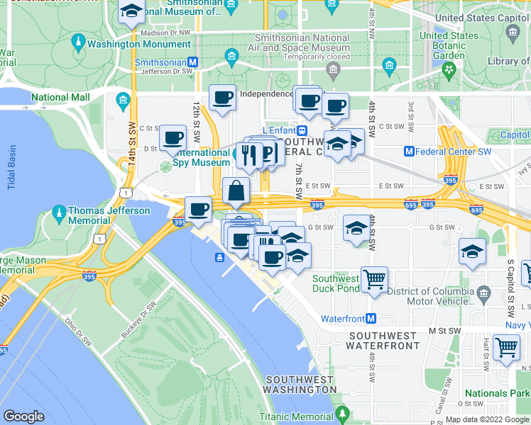 map of restaurants, bars, coffee shops, grocery stores, and more near 9th St SW & Capitol Square Pl in Washington