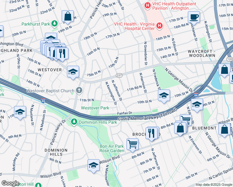 map of restaurants, bars, coffee shops, grocery stores, and more near 1124 N Jefferson St in Arlington