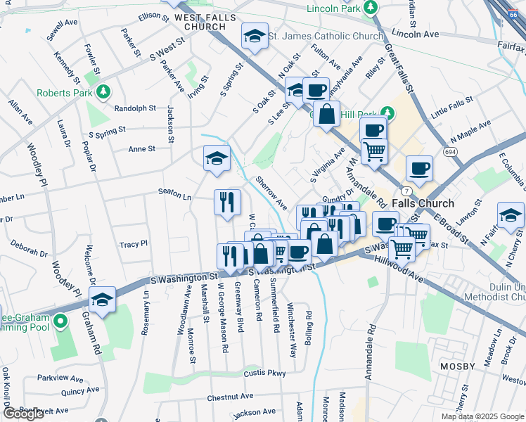 map of restaurants, bars, coffee shops, grocery stores, and more near 207 West Westmoreland Road in Falls Church