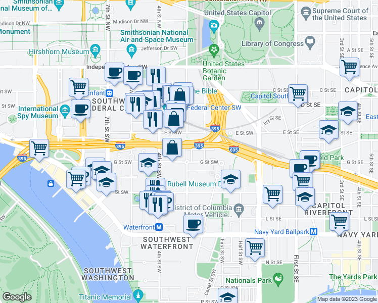 map of restaurants, bars, coffee shops, grocery stores, and more near 628 3rd Street Southwest in Washington