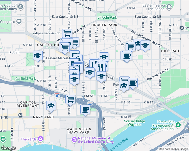 map of restaurants, bars, coffee shops, grocery stores, and more near 101 Independence Avenue Southeast in Washington