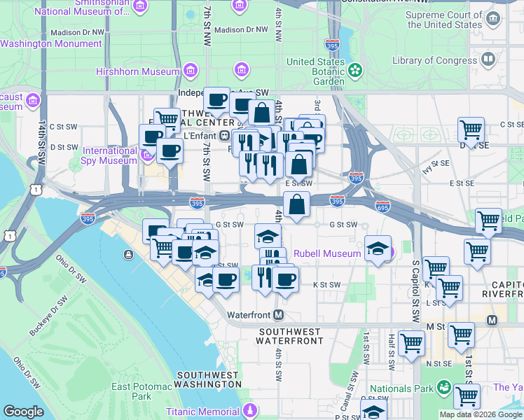 map of restaurants, bars, coffee shops, grocery stores, and more near 101 Independence Avenue Southeast in Washington
