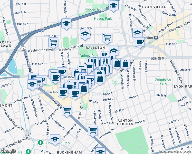 map of restaurants, bars, coffee shops, grocery stores, and more near 3800 Fairfax Drive in Arlington