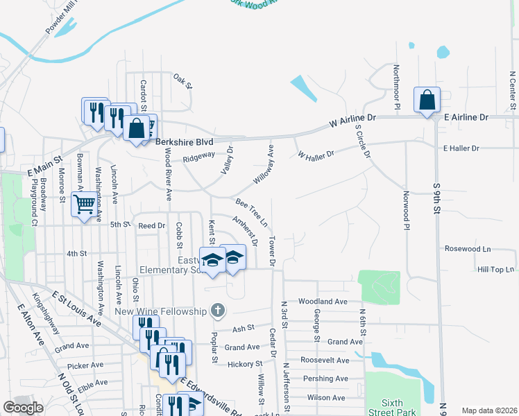 map of restaurants, bars, coffee shops, grocery stores, and more near 321 Tower Drive in East Alton