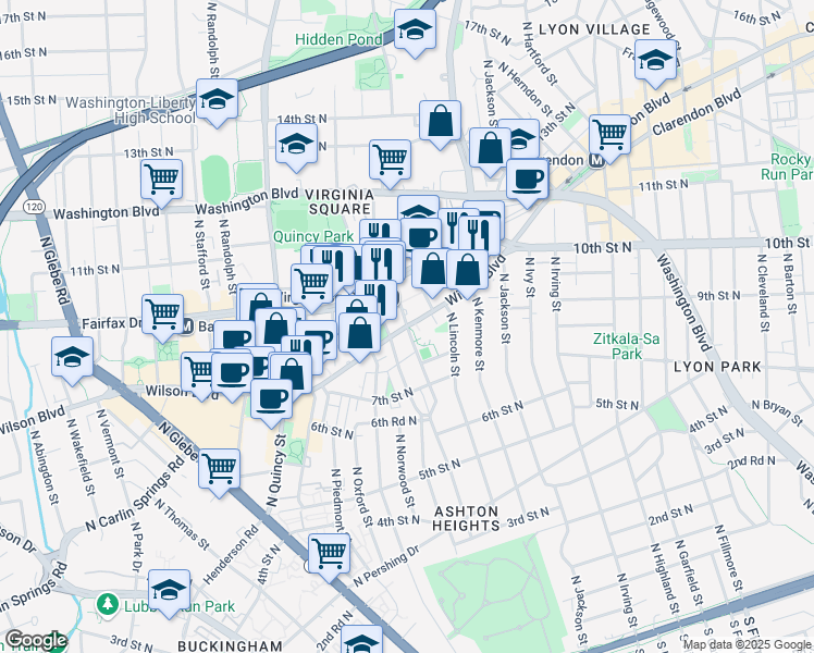 map of restaurants, bars, coffee shops, grocery stores, and more near 799 North Monroe Street in Arlington