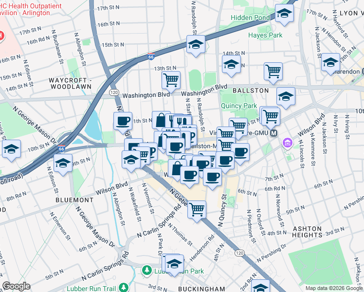 map of restaurants, bars, coffee shops, grocery stores, and more near 4230 Fairfax Drive in Arlington