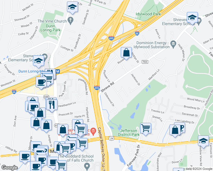 map of restaurants, bars, coffee shops, grocery stores, and more near 7928 Shreve Road in Falls Church