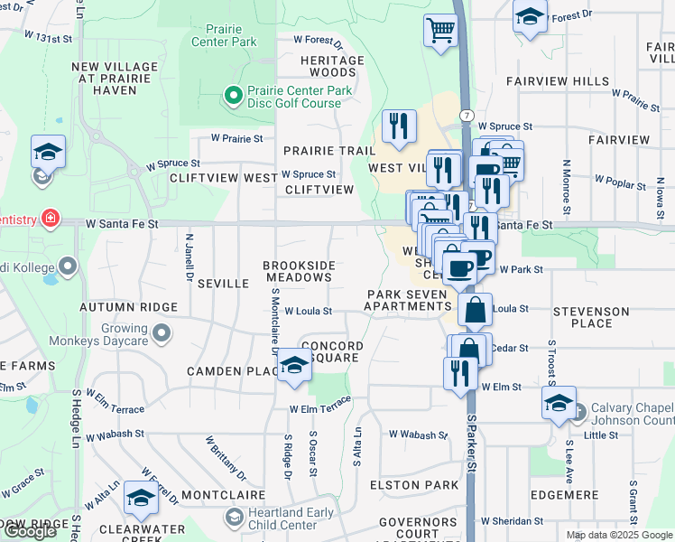 map of restaurants, bars, coffee shops, grocery stores, and more near 110 South Saxony Drive in Olathe