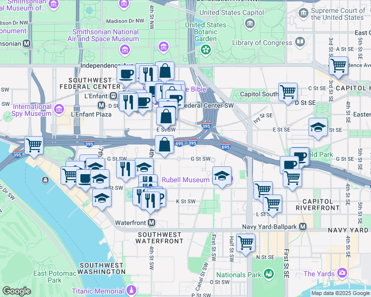 map of restaurants, bars, coffee shops, grocery stores, and more near 273 G Street Southwest in Washington