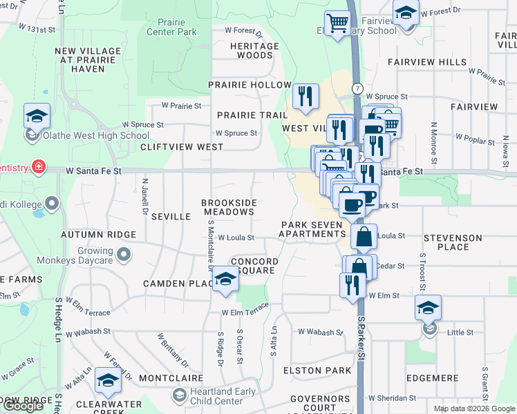 map of restaurants, bars, coffee shops, grocery stores, and more near 110 South Saxony Drive in Olathe