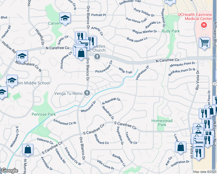 map of restaurants, bars, coffee shops, grocery stores, and more near 4960 Whimsical Drive in Colorado Springs