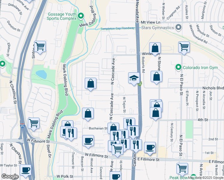 map of restaurants, bars, coffee shops, grocery stores, and more near 3408 North Cascade Avenue in Colorado Springs