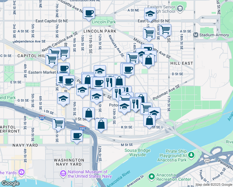 map of restaurants, bars, coffee shops, grocery stores, and more near 101 Independence Avenue Southeast in Washington