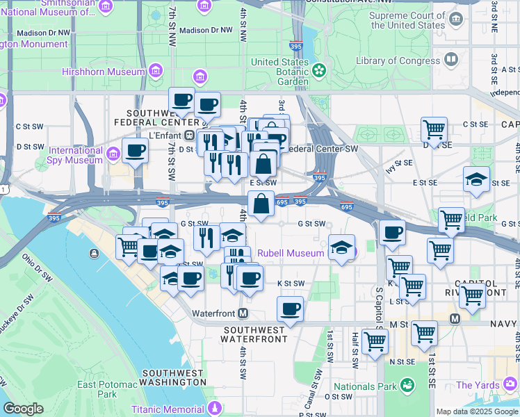 map of restaurants, bars, coffee shops, grocery stores, and more near 101 Independence Avenue Southeast in Washington