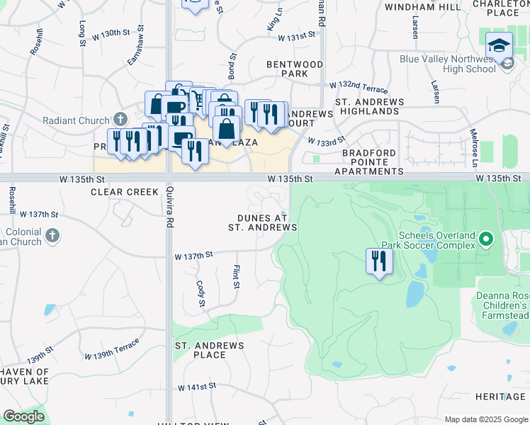 map of restaurants, bars, coffee shops, grocery stores, and more near 13621 King Street in Overland Park