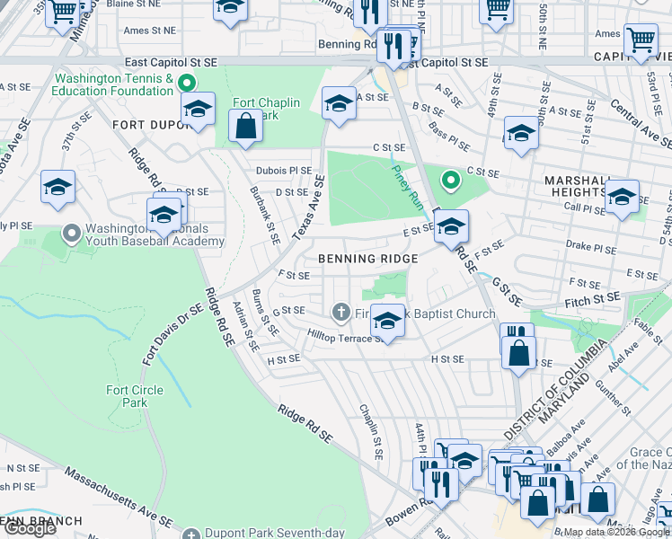 map of restaurants, bars, coffee shops, grocery stores, and more near 4806 Alabama Avenue Southeast in Washington