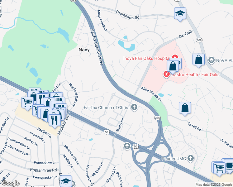 map of restaurants, bars, coffee shops, grocery stores, and more near 3855 Billberry Drive in Fairfax