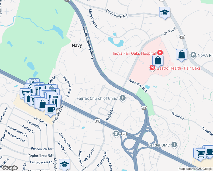 map of restaurants, bars, coffee shops, grocery stores, and more near 3855 Billberry Drive in Fairfax