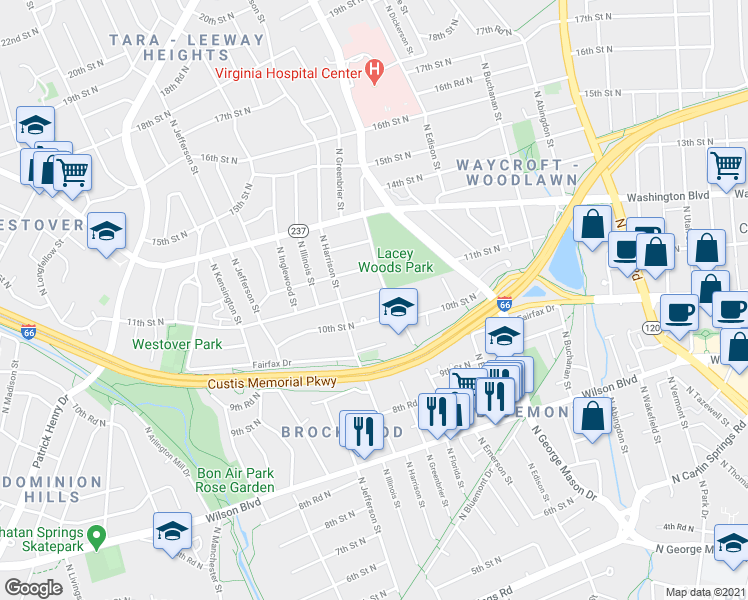map of restaurants, bars, coffee shops, grocery stores, and more near 5214 11th Street North in Arlington