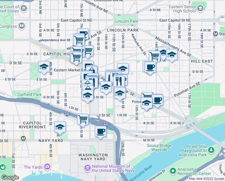 map of restaurants, bars, coffee shops, grocery stores, and more near 523 11th Street Southeast in Washington