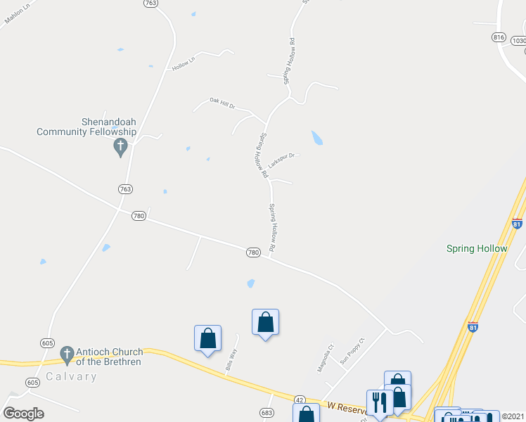 map of restaurants, bars, coffee shops, grocery stores, and more near 404 Spring Hollow Road in Woodstock