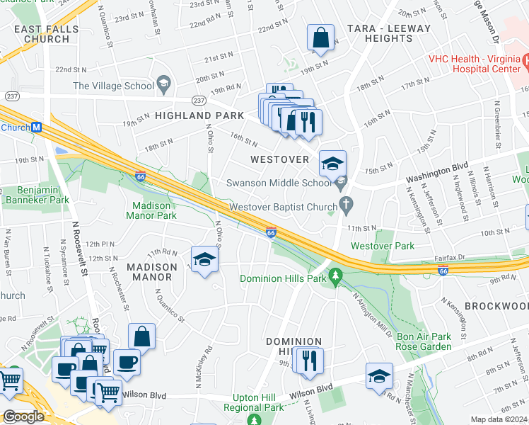 map of restaurants, bars, coffee shops, grocery stores, and more near 5884 14th Street North in Arlington