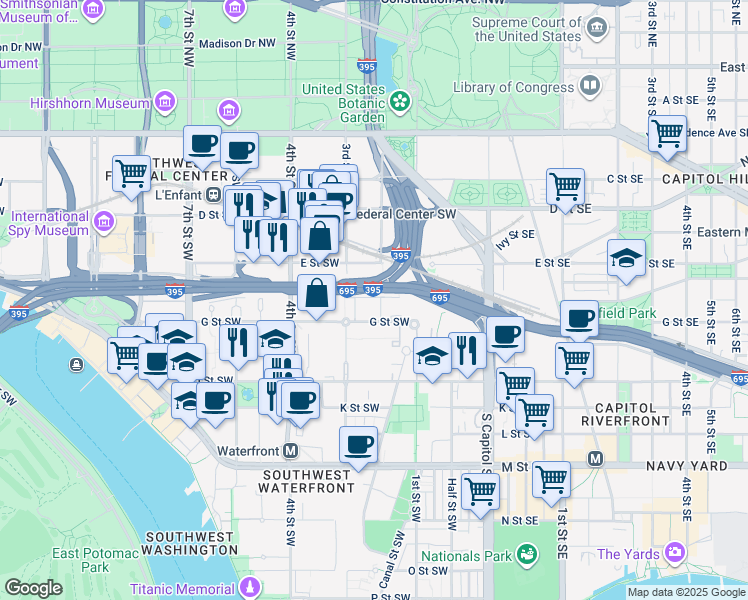 map of restaurants, bars, coffee shops, grocery stores, and more near 227 G Street Southwest in Washington