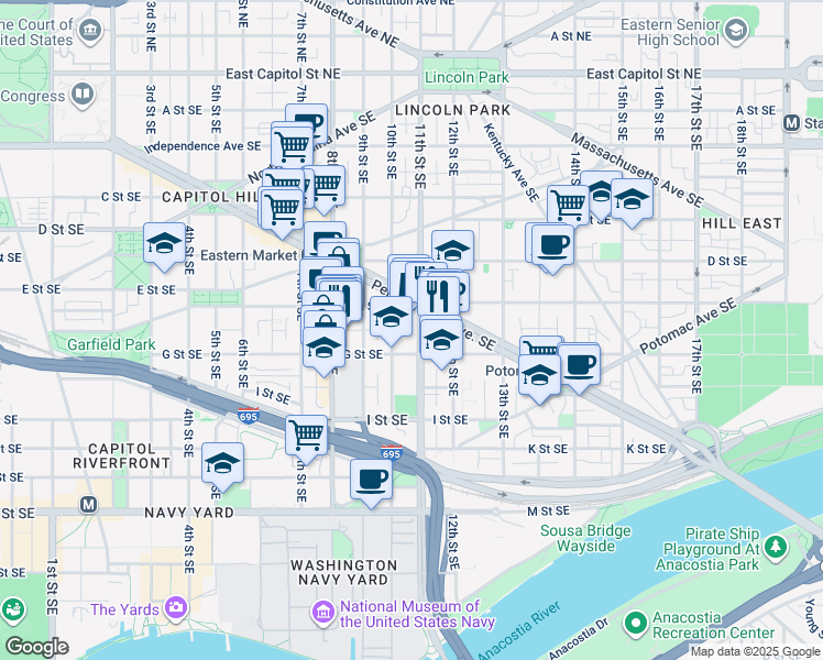 map of restaurants, bars, coffee shops, grocery stores, and more near 523 11th Street Southeast in Washington