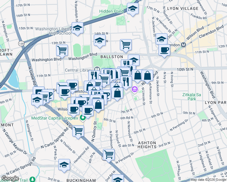 map of restaurants, bars, coffee shops, grocery stores, and more near 3800 North Fairfax Drive in Arlington