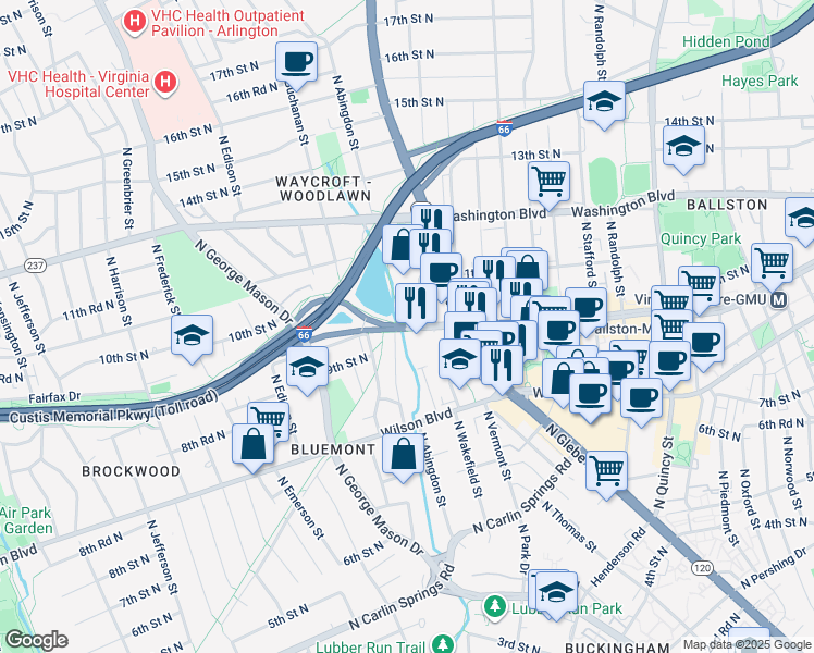 map of restaurants, bars, coffee shops, grocery stores, and more near 4747 Fairfax Drive in Arlington
