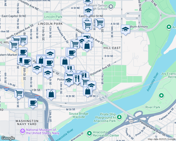 map of restaurants, bars, coffee shops, grocery stores, and more near 526B 15th Street Southeast in Washington