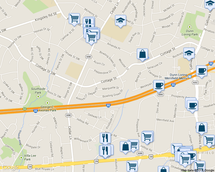 map of restaurants, bars, coffee shops, grocery stores, and more near 8514 Marquette Street in Vienna