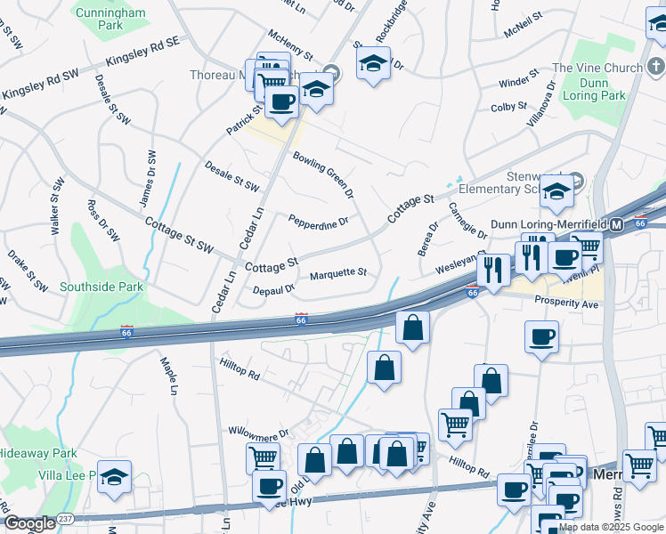 map of restaurants, bars, coffee shops, grocery stores, and more near 8514 Marquette Street in Vienna