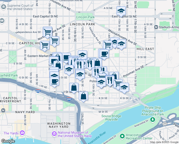 map of restaurants, bars, coffee shops, grocery stores, and more near 101 Independence Avenue Southeast in Washington