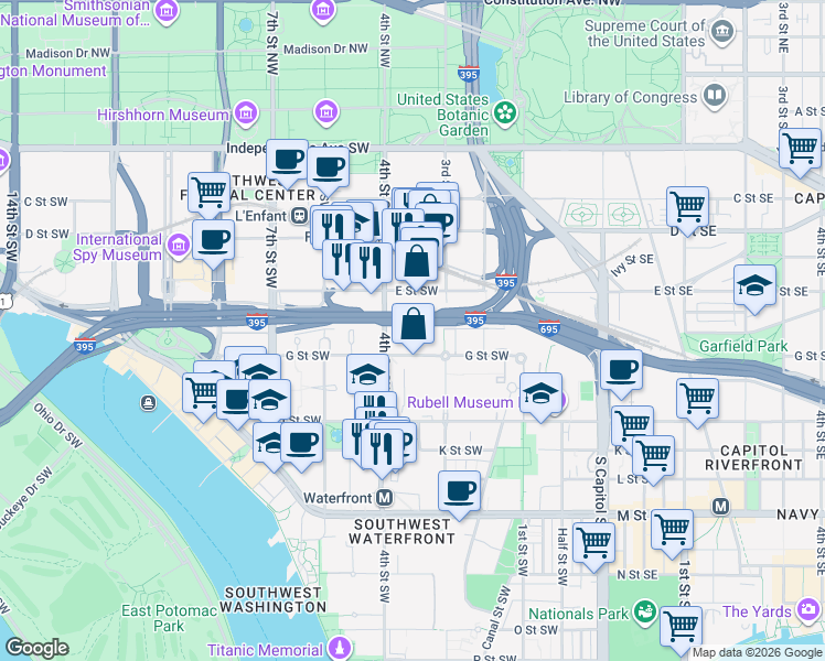 map of restaurants, bars, coffee shops, grocery stores, and more near 101 Independence Avenue Southeast in Washington