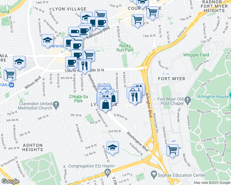 map of restaurants, bars, coffee shops, grocery stores, and more near 804 North Cleveland Street in Arlington