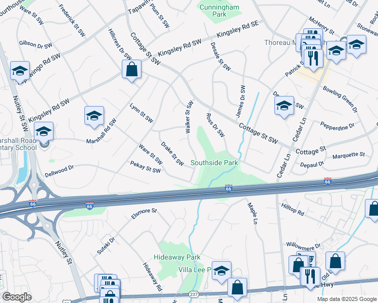 map of restaurants, bars, coffee shops, grocery stores, and more near 515 Walker Street Southwest in Vienna
