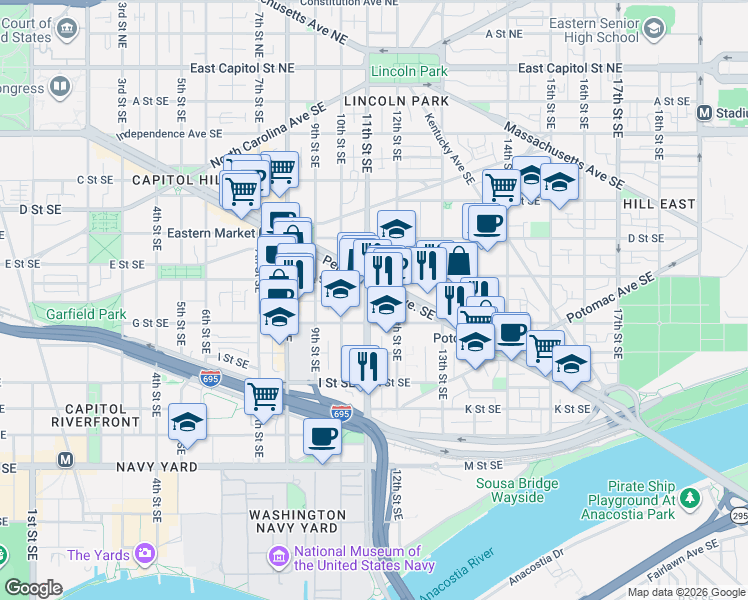 map of restaurants, bars, coffee shops, grocery stores, and more near 101 Independence Avenue Southeast in Washington