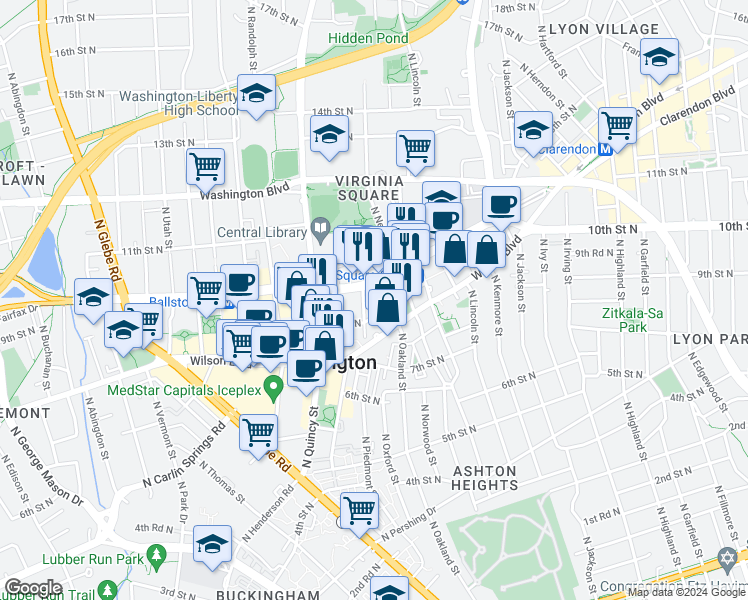 map of restaurants, bars, coffee shops, grocery stores, and more near 3800 Fairfax Drive in Arlington