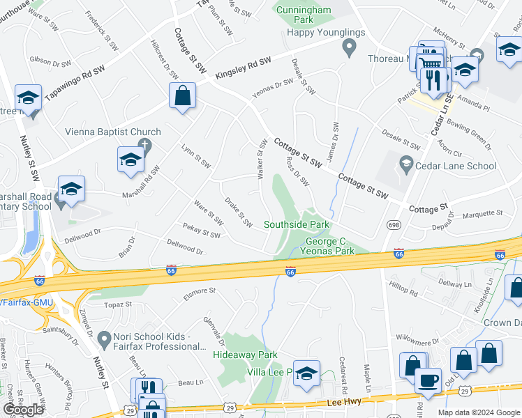 map of restaurants, bars, coffee shops, grocery stores, and more near 515 Walker Street Southwest in Vienna