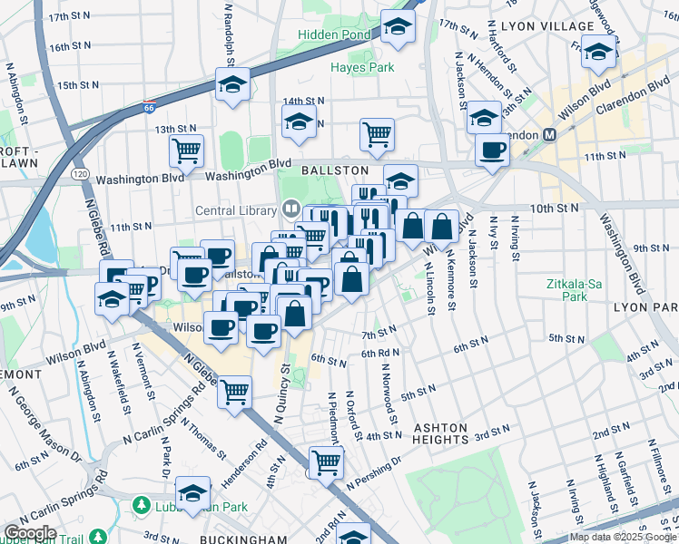 map of restaurants, bars, coffee shops, grocery stores, and more near 3800 Fairfax Drive in Arlington