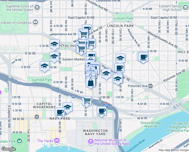 map of restaurants, bars, coffee shops, grocery stores, and more near 101 Independence Avenue Southeast in Washington